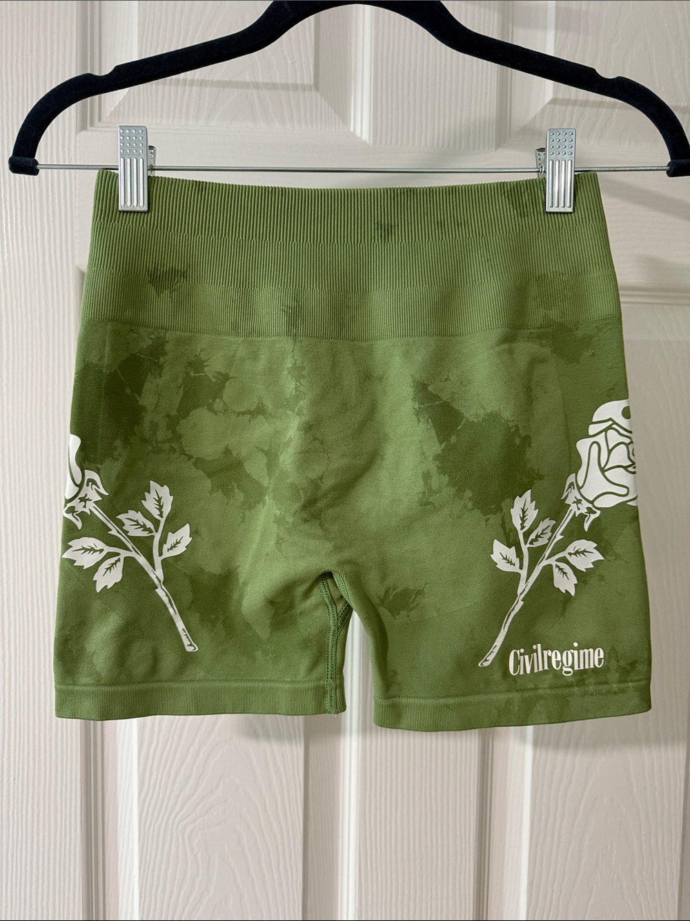 Civil Regime Olive Green Women's Seamless Bike Shorts with Rose Print